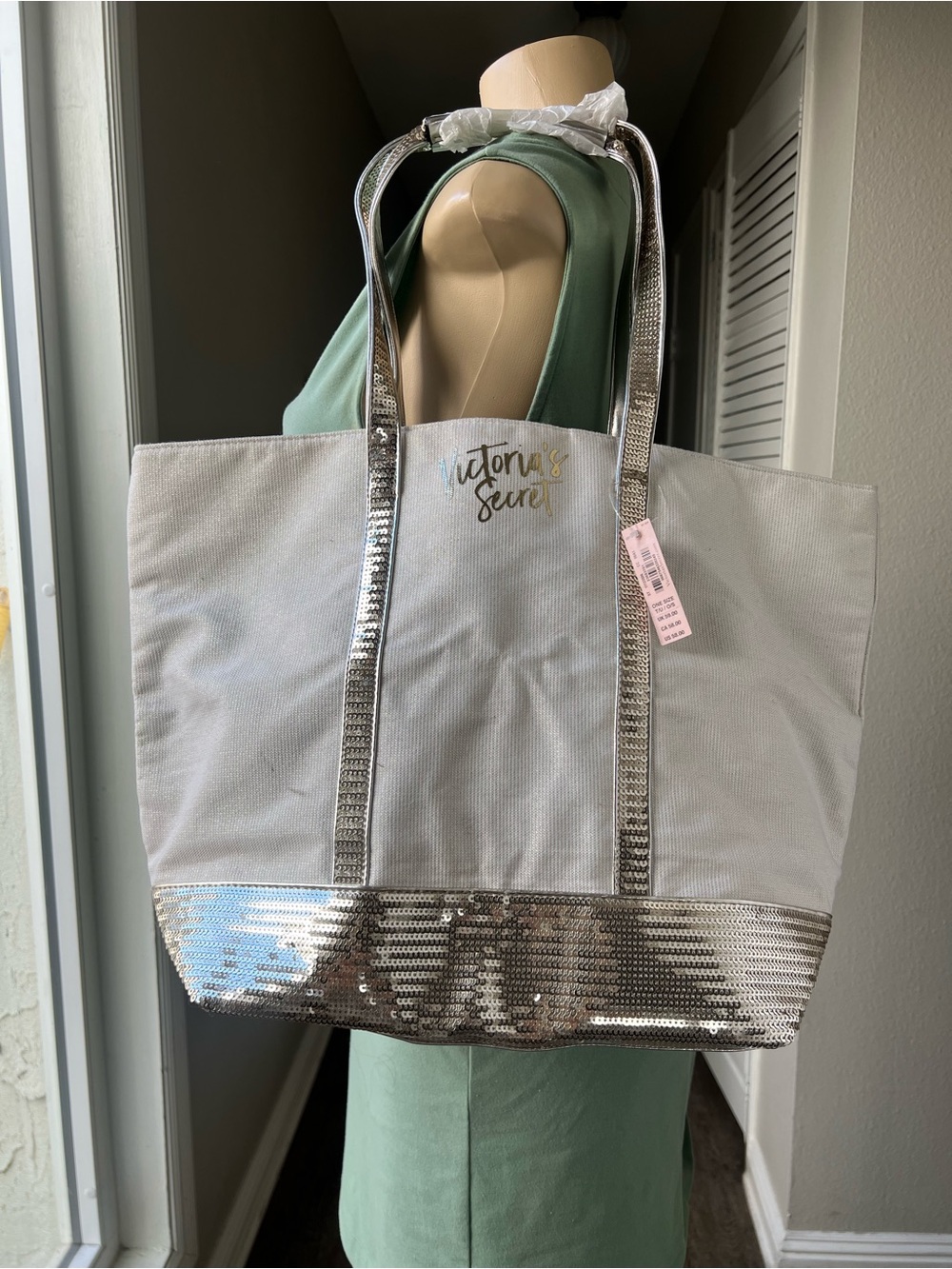 Victoria's Secret Silver Sequin Trim White Tote